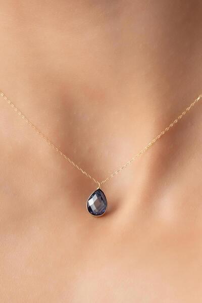 Bayar Gold 14 Ayar Altın Koyu Mavi Taşlı Damla Kolye