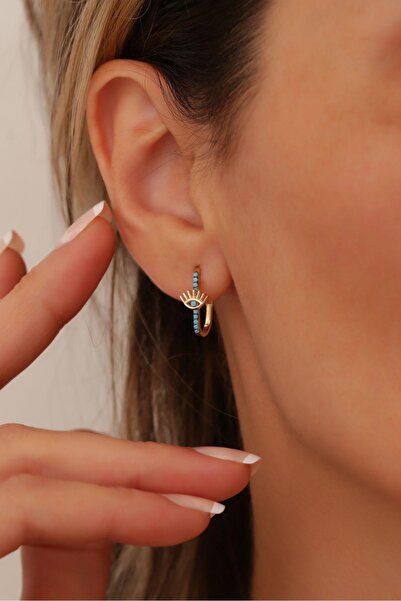 Bayar Gold 14 Ayar Altın Turkuaz Göz Detaylı Halka Küpe