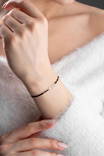 Bayar Gold 14 Ayar Altın Siyah İpli Çift Kalp Bileklik