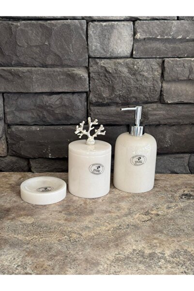 Polen Stone Set de 3 dozatoare de săpun lichid din marmură albă cu accesorii ...