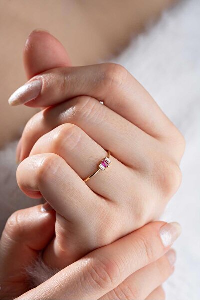 Bayar Gold 14 Ayar Altın  Beyaz Mor Taşlı Yüzük