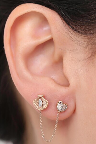 Bayar Gold 14 Ayar Altın Midye Kalp Zincir Küpe Tekli