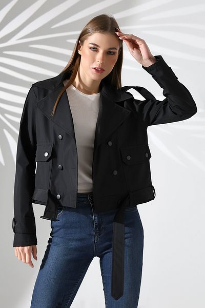 B.HE.Z Black Crop Trench Coat - Women'S, Lined, Belt and Water Repellent Fabric