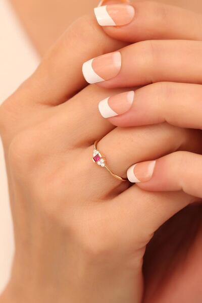 Bayar Gold 14 Ayar Altın Kırmızı Taşlı Minimal Yüzük