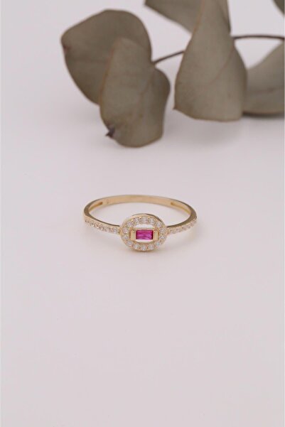 Bayar Gold 14 Ayar Altın Kırmızı Taşlı Oval Yüzük