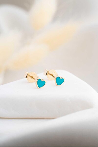 Bayar Gold 14 Ayar Altın Mineli Mavi Kalp Küpe