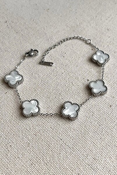 Genel Markalar Gümüş Renk Beyaz Sedef yonca Bijuteri Bileklik - 3145