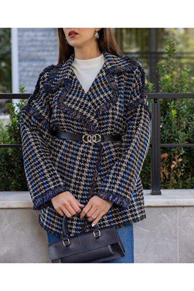 Lavanta Tekstil Navy Blue-Black Jacket with Fringe Detail