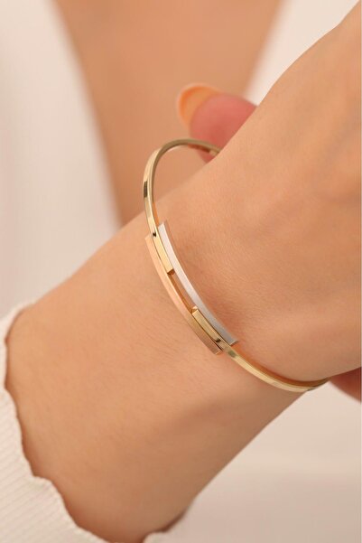 Bayar Gold 14 Ayar Altın Üç Renkli İkili Kaburga Kelepçe Bilezik