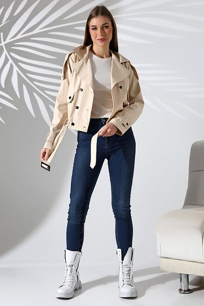 B.HE.Z Women's Cream Crop Trench Coat - Lined, Belt and Pocket Water Repellent Fabric