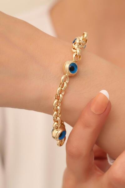 Bayar Gold 14 Ayar Altın Üç Gözlü Kalın Mavi Doç Bileklik
