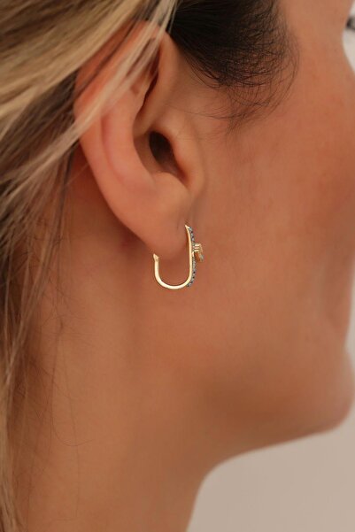 Bayar Gold 14 Ayar Altın Turkuaz Göz Detaylı Halka Küpe