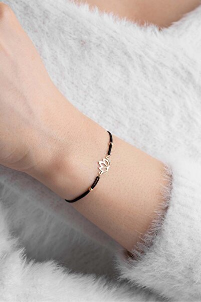 Bayar Gold 14 Ayar Altın Siyah İpli Lotus Çiçeği Bileklik