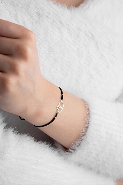 Bayar Gold 14 Ayar Altın Siyah İpli İç İçe Kalp Bileklik