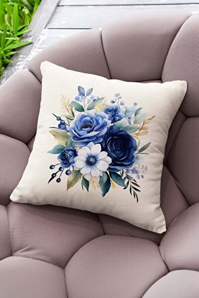 Şah Dekor Set de huse de pernă decorative din 4 piese, cu model floral albastru, crem
