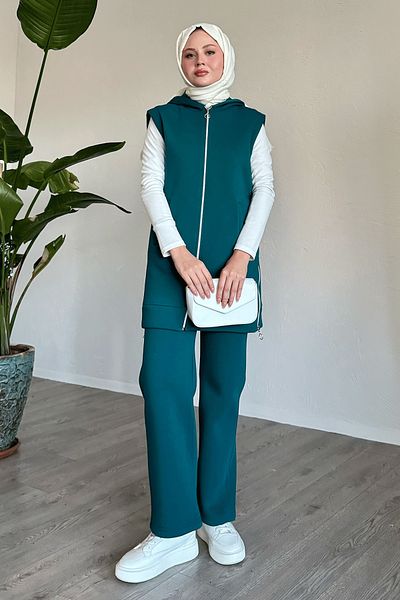 InStyle Set triplu verde petrol - cu vestă și fermoare laterale
