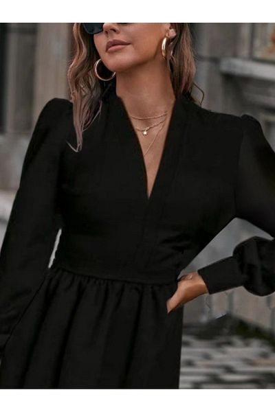 İpeksi Silky Women's Long Sleeve V Neck Slight Pleated Scuba Crepe Mini Length Dress with Waist