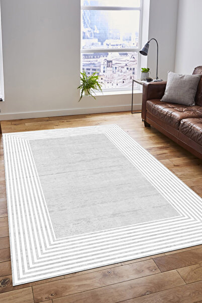 Pamuklife Halı Kaymaz Deri Taban Yıkanabilir Halı PL5413 Beyaz