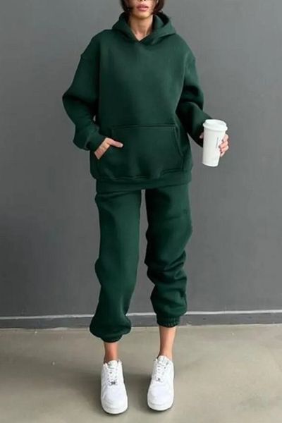 ruNadeS Women's Soft Textured Oversize Elastic Leg Kangaroo Pocket Tracksuit Set - Casual