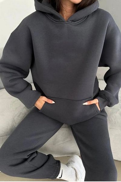 ruNadeS Women's Soft Textured Oversize Elastic Leg Kangaroo Pocket Tracksuit Set - Casual