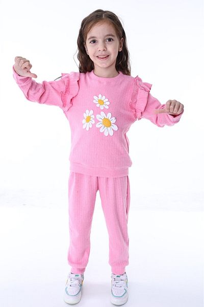 minikiss Cotton Daisy Embroidery Embroidered Shoulder Ruffle Tracksuit Bottom Top Girl's Two-Piece Set