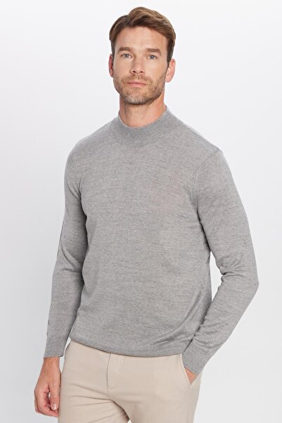 Tudors Erkek Slim Fit Dar Kesim Yarım Balıkçı Yaka Düz Gri Triko Kazak