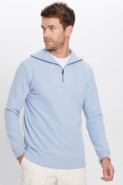 Tudors Μπλε φούτερ με γιακά με μισό φερμουάρ, Unisex Relax Fit, με ραβδωτό σχέδιο