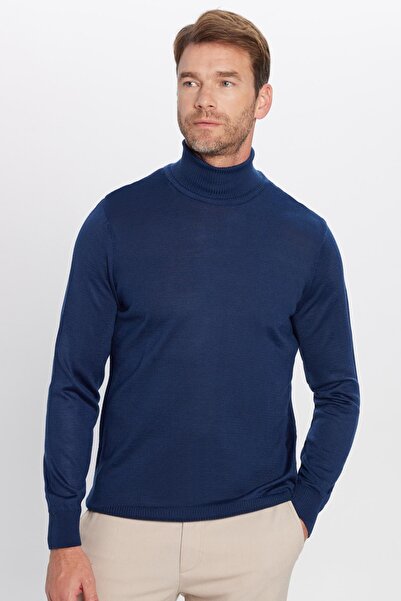 Tudors Erkek Slim Fit Dar Kesim Tam Balıkçı Yaka Düz Yün Lacivert Triko Kazak