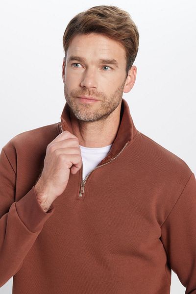 Tudors Unisex Relax Fit Relaxed Cotton Fleece Εσωτερικό Καφέ Φούτερ με γιακά με μισό φερμουάρ
