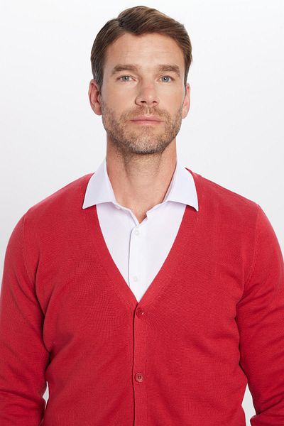Tudors Men's Slim Fit Buttoned Plain Cotton Red Cardigan