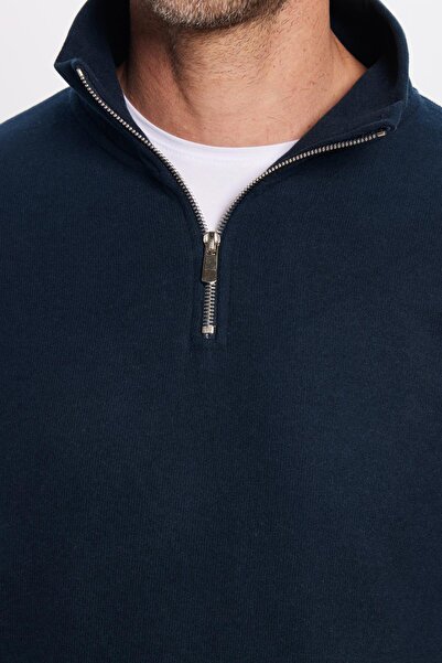 Tudors Φούτερ Unisex Relax Fit Άνετη εφαρμογή από βαμβακερό ύφασμα με μισό φερμουάρ, μπλε ναυτικό, όρθιο γιακά