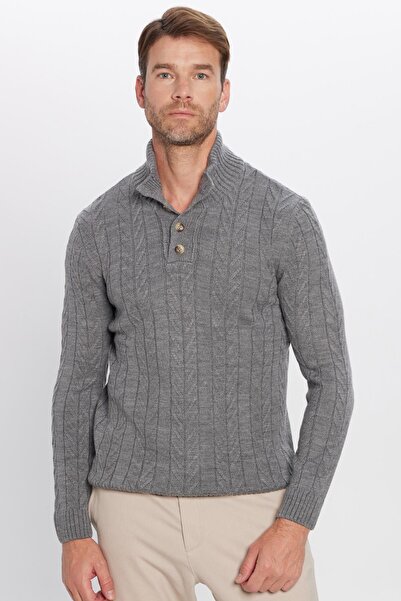 Tudors Erkek Slim Fit Dar Kesim Yumuşak Dokulu Desenli Dik Yaka Düğmeli Gri Triko Kazak