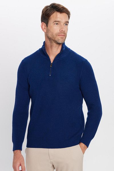 Tudors Мъжки тънък трикотажен пуловер Slim Fit с цип и син трикотажен пуловер с яка