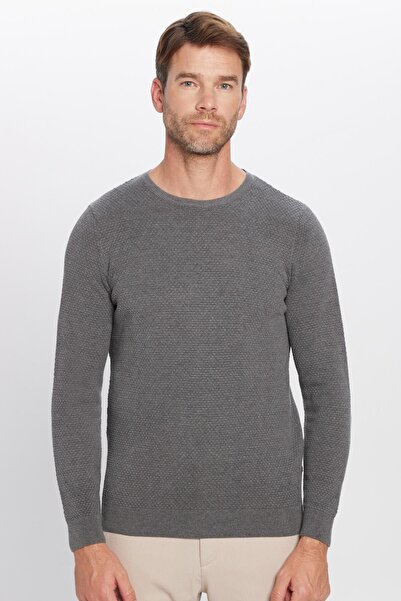 Tudors Erkek Slim Fit Dar Kesim Bisiklet Yaka Petek Desenli Gri Triko Kazak