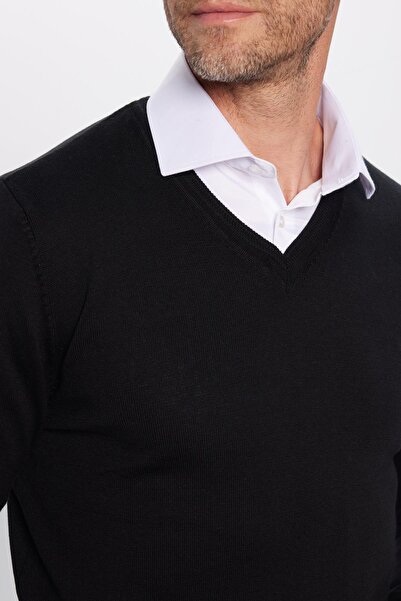 Tudors Ανδρικό πουλόβερ με κανονική εφαρμογή, βαμβακερό μαύρο πλεκτό με λαιμόκοψη V