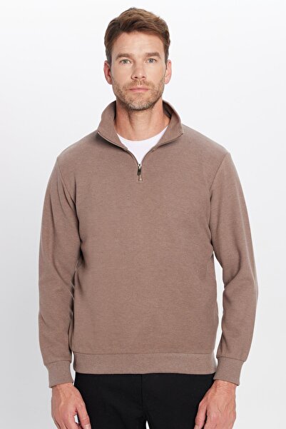 Tudors Φούτερ Unisex Relax Fit Relax Fit με ραβδώσεις με μοτίβο βαμβακερό μισό φερμουάρ καφέ με γιακά