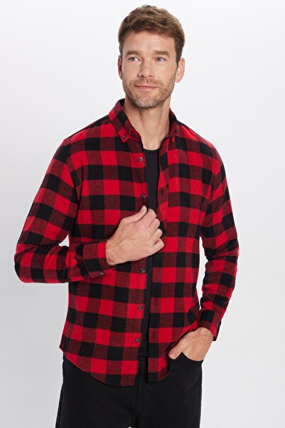 Tudors Erkek Slim Fit Dar Kesim Oduncu Düğmeli Yaka Kareli Kışlık Gömlek