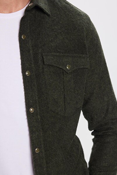 Tudors Cămașă de iarnă pentru bărbați, slim fit, cu buzunar dublu, cu clapetă, kaki