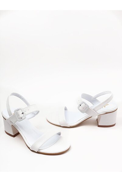 bescobel Women's Sonya White Colored Buckle Sandals Heeled Shoes