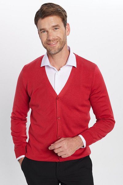 Tudors Men's Slim Fit Buttoned Plain Cotton Red Cardigan