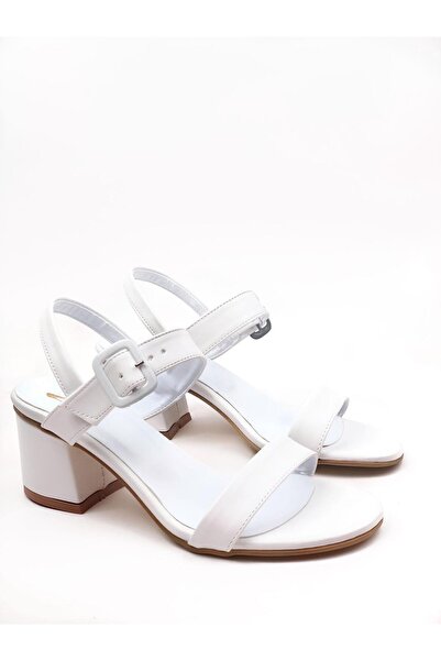 bescobel Women's Sonya White Colored Buckle Sandals Heeled Shoes