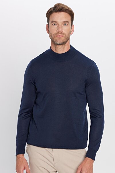 Tudors Erkek Slim Fit Dar Kesim Yarım Balıkçı Yaka Düz Lacivert Triko Kazak