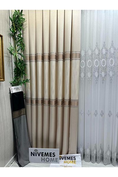 NİVEMESHOME Nivemeshome V-101 Cream Mosaic - 1/3 Close Pleated Background Curtain APM