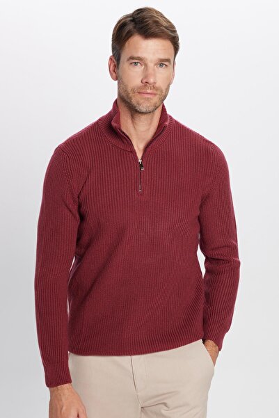 Tudors Erkek Slim Fit Dar Kesim Fermuarlı Bordo Dik Yaka Triko Kazak