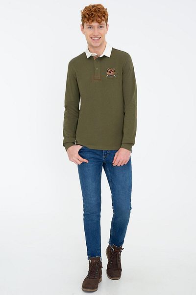 U.S. Polo Assn. Ανδρικό φούτερ με γιακά πόλο σκούρο χακί
