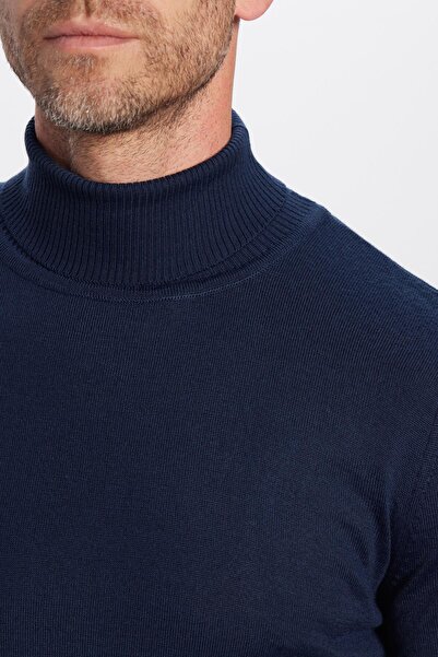 Tudors Erkek Slim Fit Dar Kesim Tam Balıkçı Yaka Düz Yün Lacivert Triko Kazak