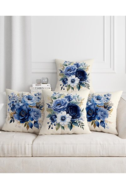 Şah Dekor Set de huse de pernă decorative din 4 piese, cu model floral albastru, crem