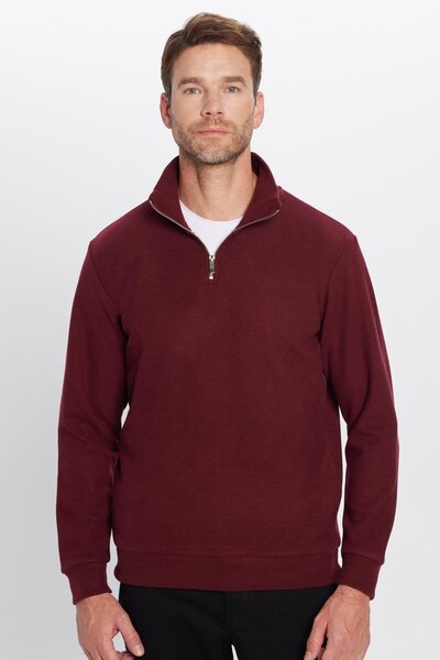 Tudors Unisex Relax Fit Rahat Kesim Fitilli Pamuklu Yarım Fermuarlı Bordo Dik Yaka Sweatshirt