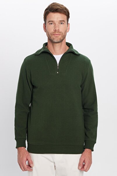 Tudors Unisex Relax Fit Rahat Kesim Fitilli Desenli Pamuklu Yarım Fermuarlı Yeşil Dik Yaka Sweatshirt