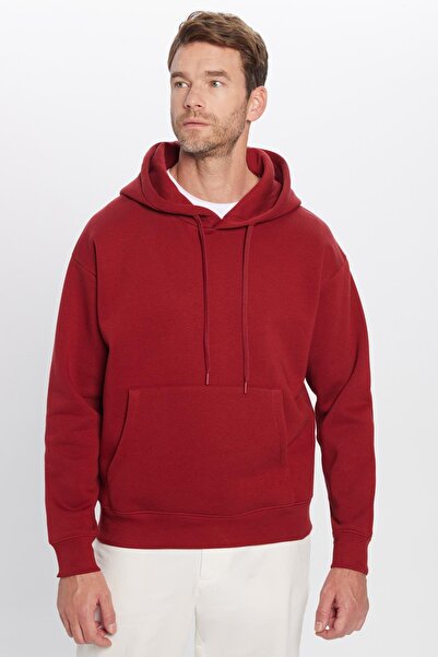 Tudors Unisex Oversize Wide Cut Cotton Soft Textured Basic Claret Red Hooded Sweatshirt with Fleece Inside